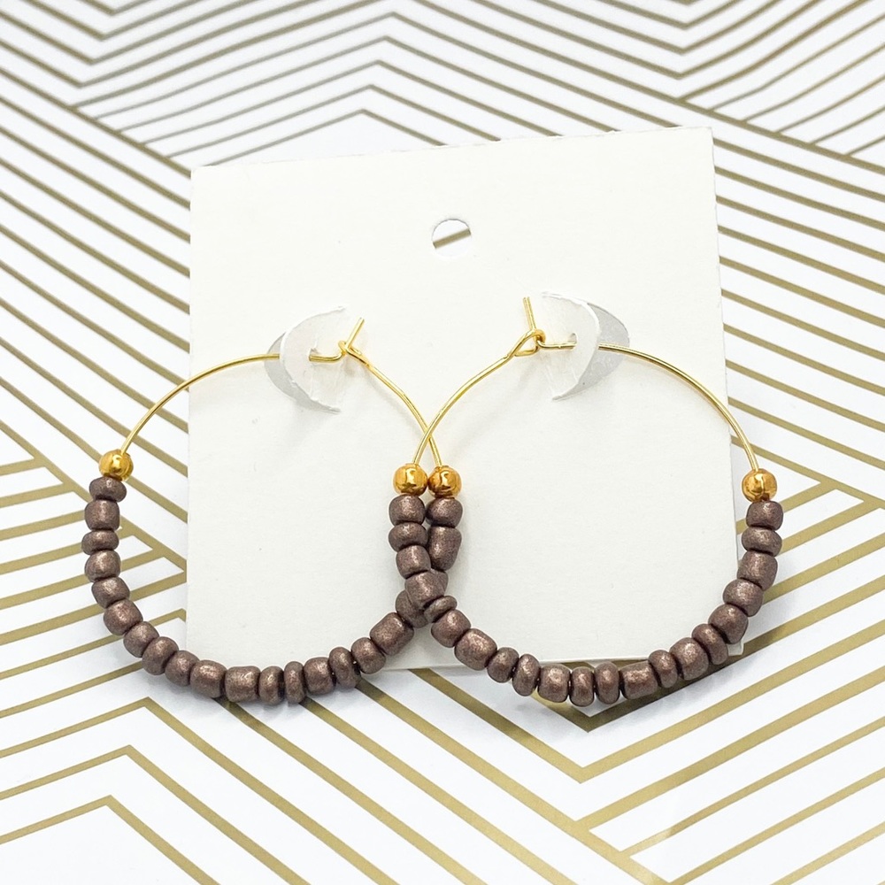 Gold earrings brown beaded hoops